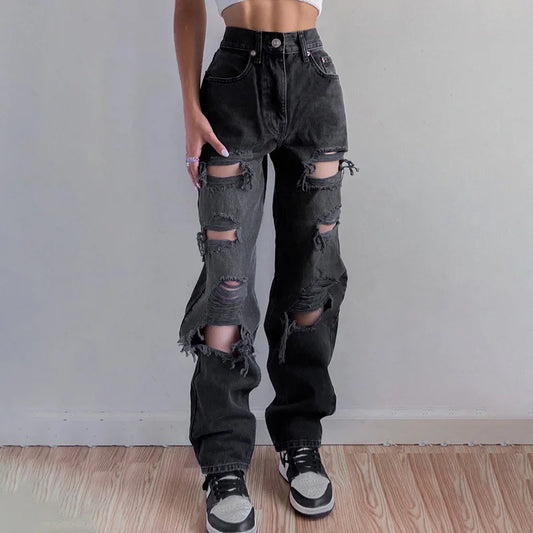 Ripped Vintage Woman'S Distressed Jeans  High Waist Pants Fashion Straight 