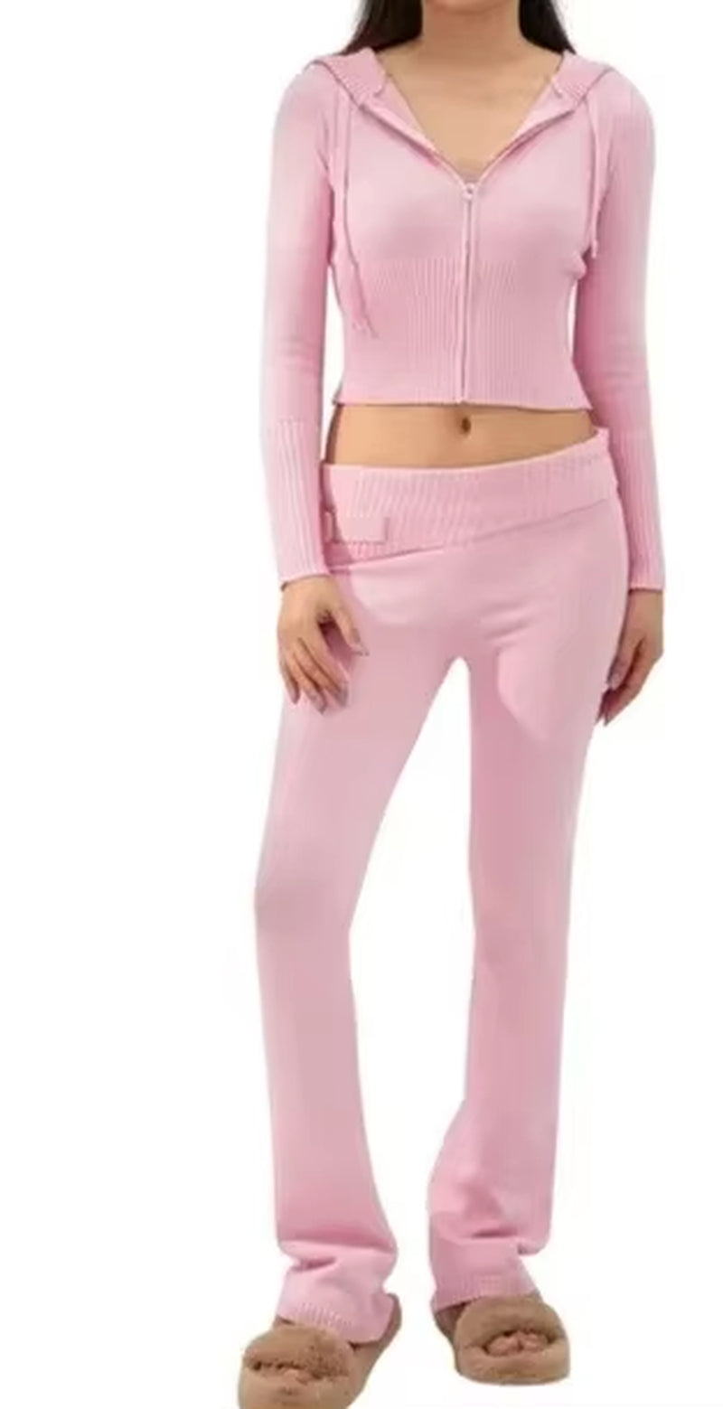 Women Cozy Ribbed Knit Lounge Set Wide Leg Pant 2 Piece Loungewear Ensemble Casual Set Long Sleeve Zip up Hoodie with High Waist