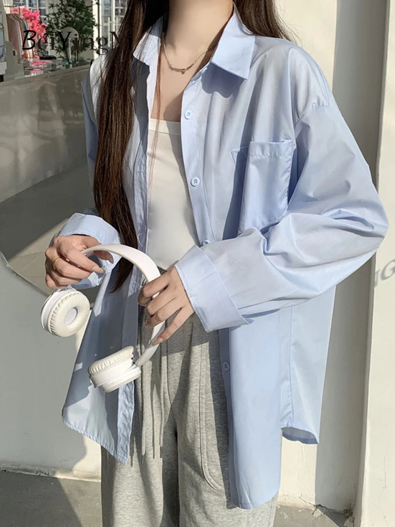  Women Shirts White Plain Loose Oversized Blouses Female Tops Loose BF Korean Style Blusas Pockets