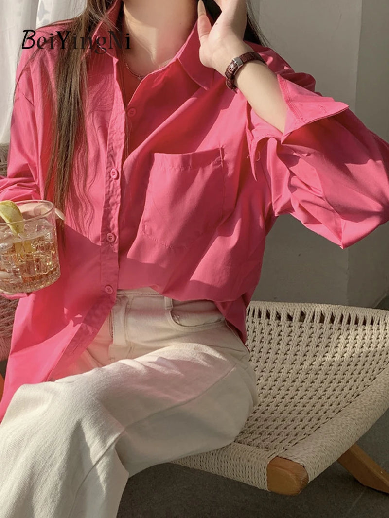  Women Shirts White Plain Loose Oversized Blouses Female Tops Loose BF Korean Style Blusas Pockets