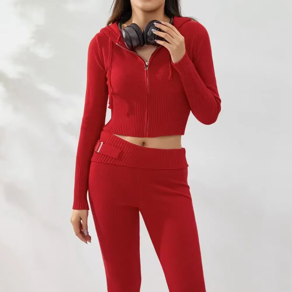 Women Cozy Ribbed Knit Lounge Set Wide Leg Pant 2 Piece Loungewear Ensemble Casual Set Long Sleeve Zip up Hoodie with High Waist