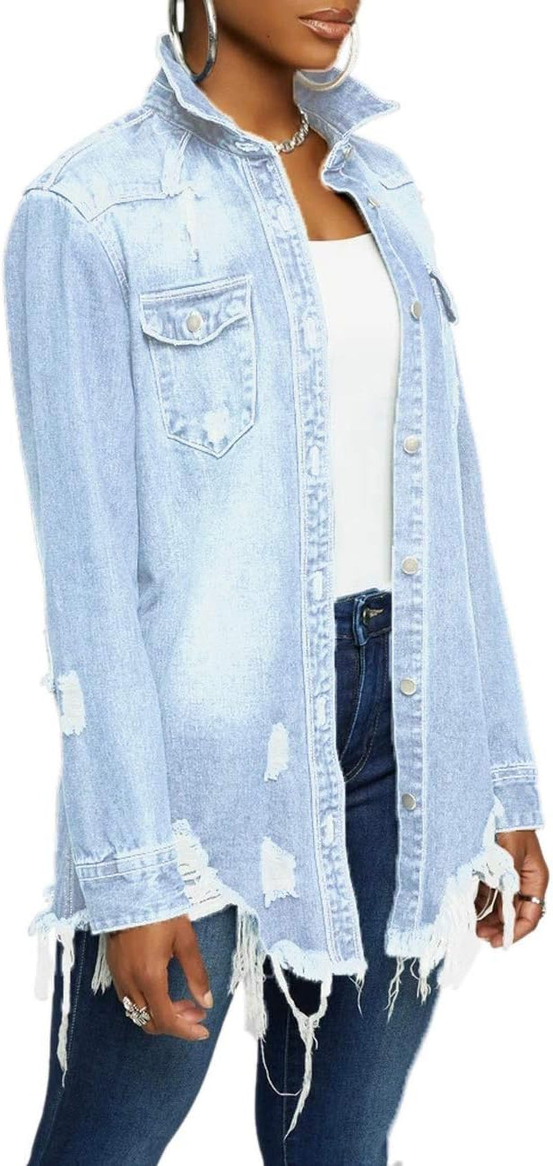 Women'S Casual Denim Jacket Long Sleeve Ripped Hole Classic Coats