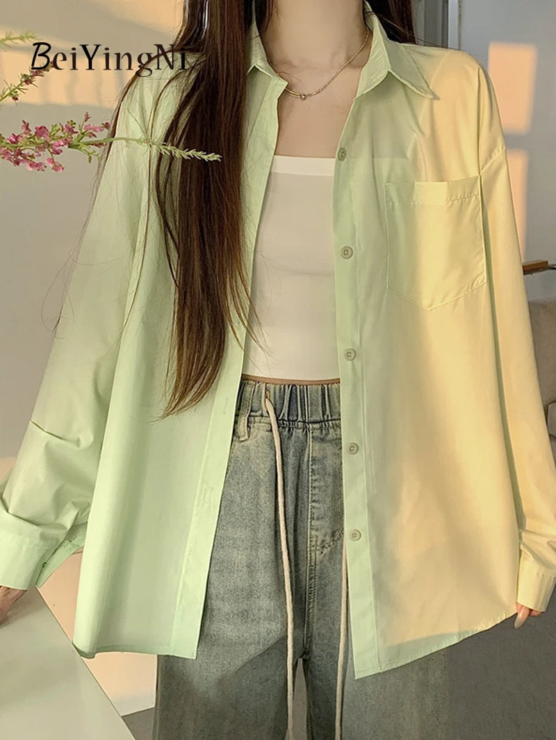  Women Shirts White Plain Loose Oversized Blouses Female Tops Loose BF Korean Style Blusas Pockets