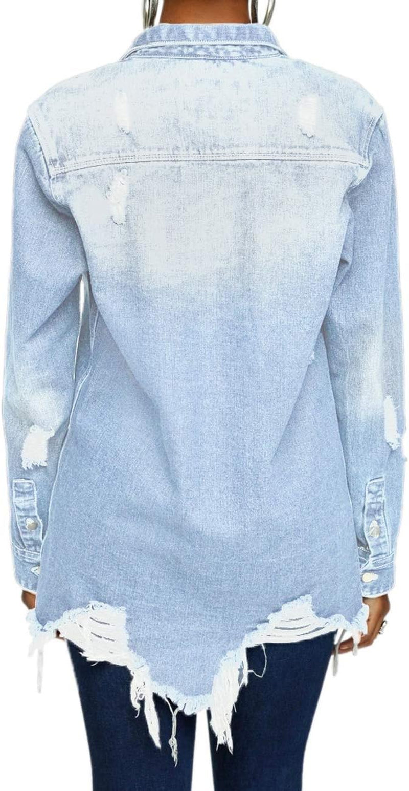 Women'S Casual Denim Jacket Long Sleeve Ripped Hole Classic Coats