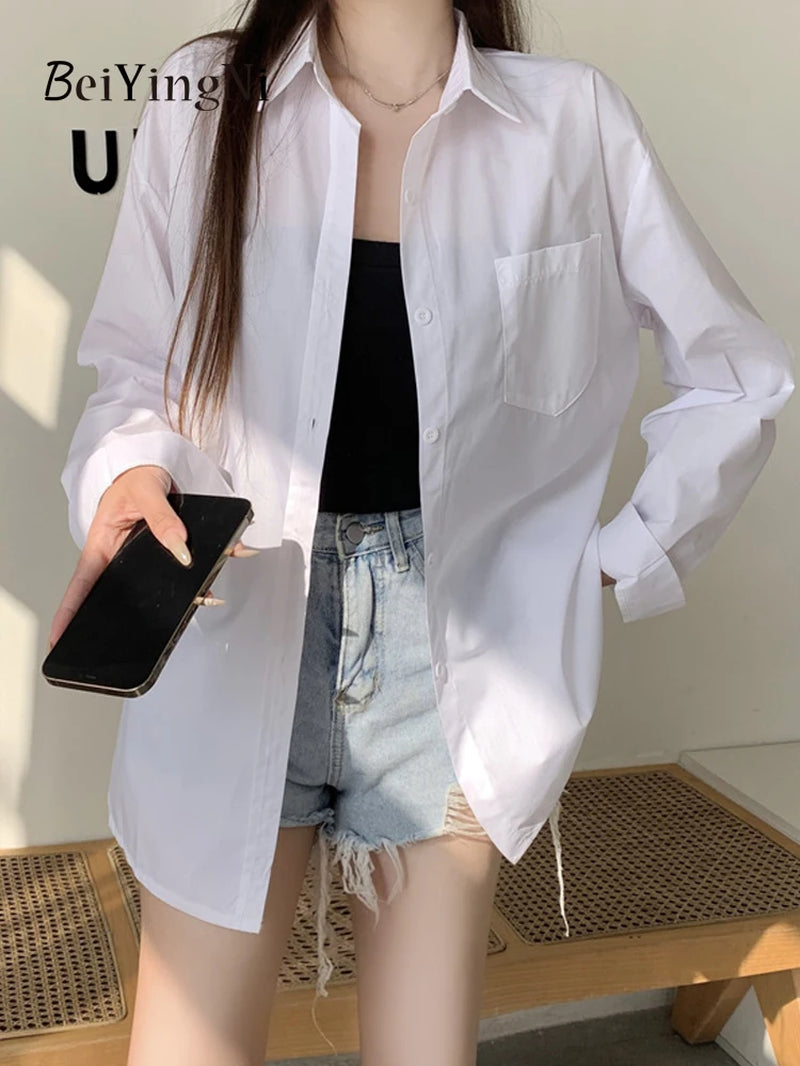  Women Shirts White Plain Loose Oversized Blouses Female Tops Loose BF Korean Style Blusas Pockets