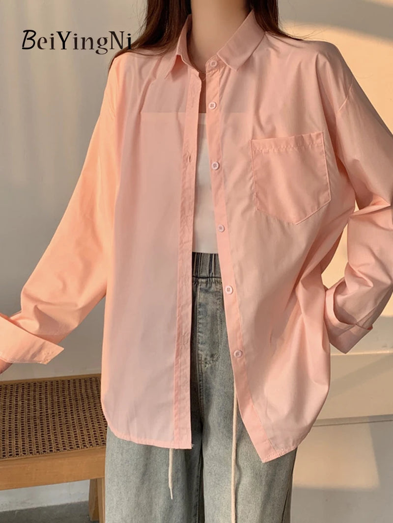  Women Shirts White Plain Loose Oversized Blouses Female Tops Loose BF Korean Style Blusas Pockets