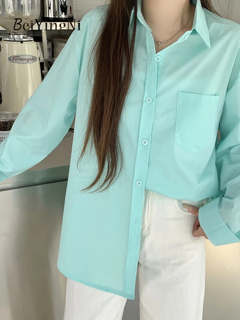  Women Shirts White Plain Loose Oversized Blouses Female Tops Loose BF Korean Style Blusas Pockets