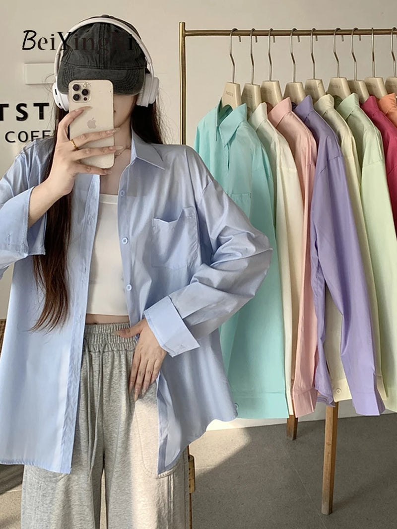  Women Shirts White Plain Loose Oversized Blouses Female Tops Loose BF Korean Style Blusas Pockets