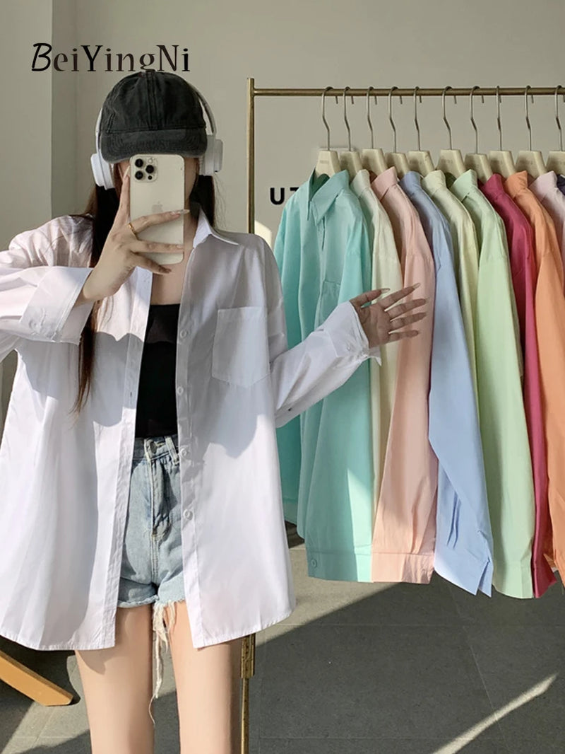  Women Shirts White Plain Loose Oversized Blouses Female Tops Loose BF Korean Style Blusas Pockets