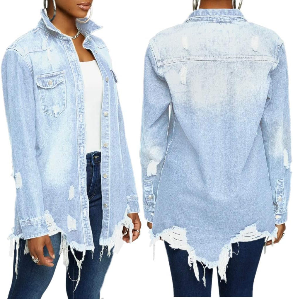 Women'S Casual Denim Jacket Long Sleeve Ripped Hole Classic Coats