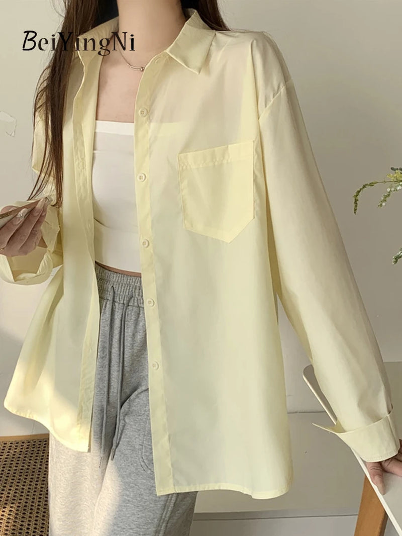  Women Shirts White Plain Loose Oversized Blouses Female Tops Loose BF Korean Style Blusas Pockets