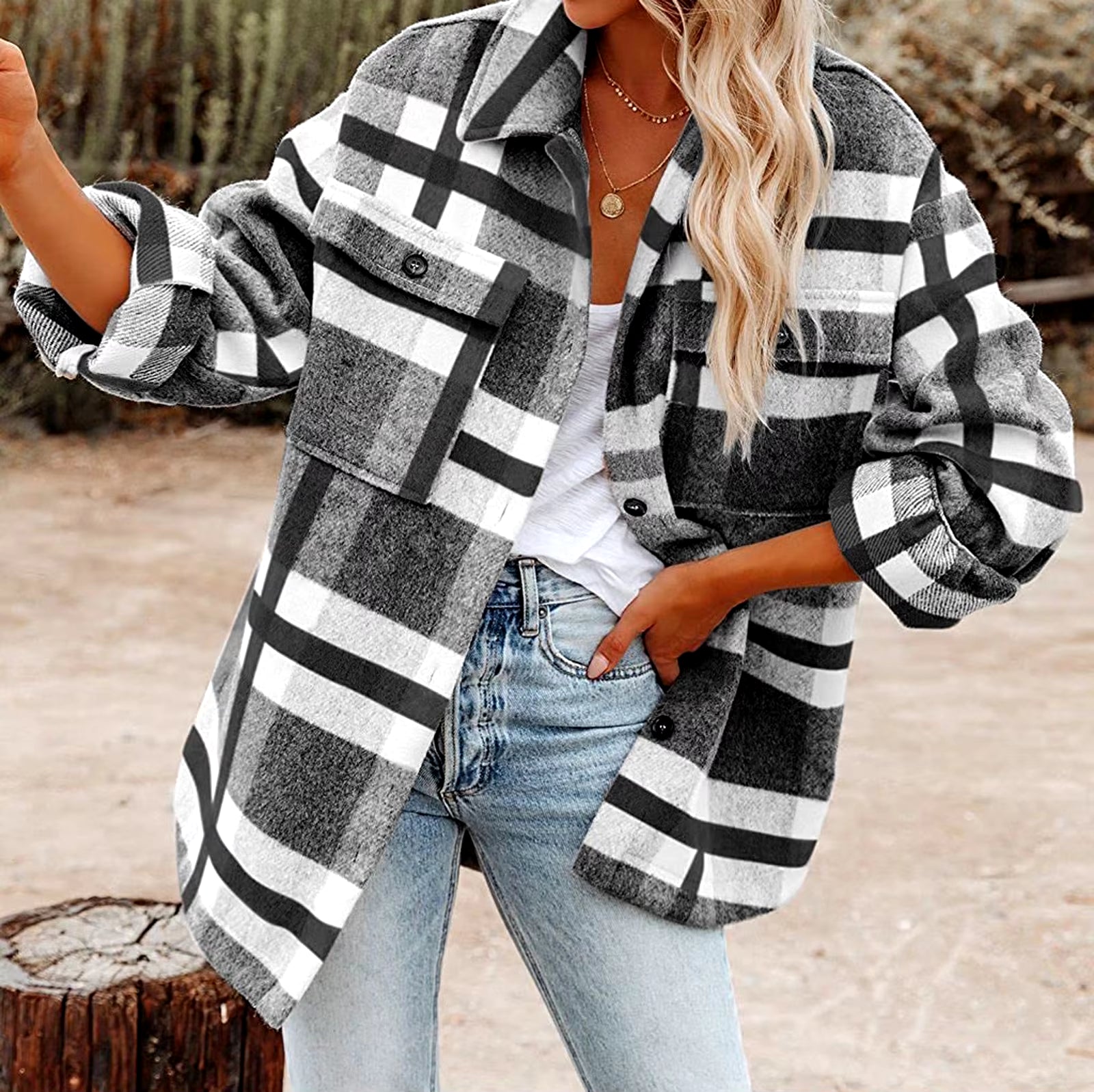 Women'S Vintage Brushed Plaid Shirts Long Sleeve Flannel Lapel Button down Pocketed Shacket Flannel Jacket Coats Winter L5