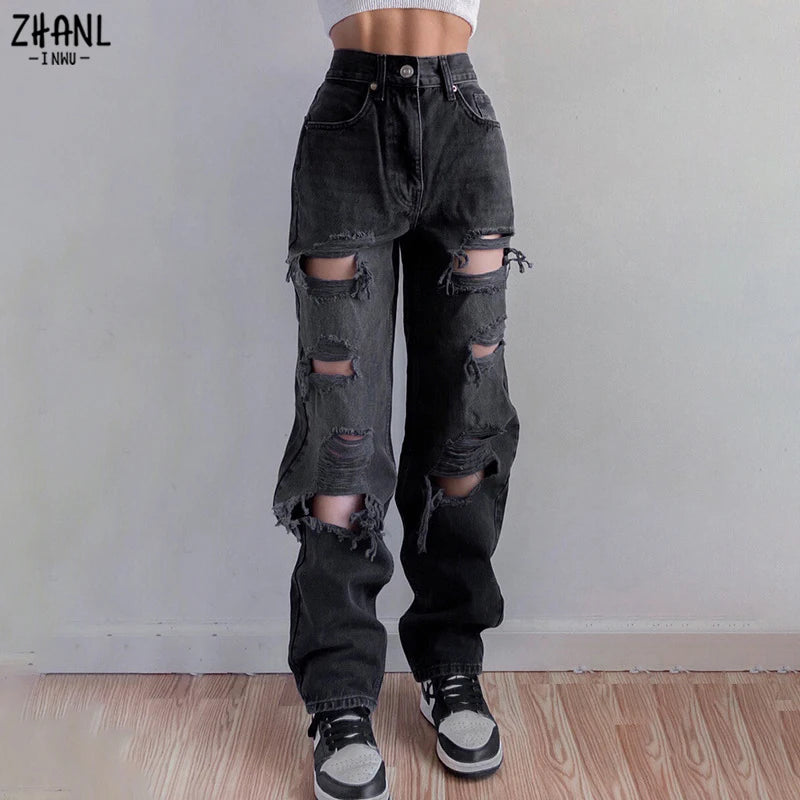 Ripped Vintage Woman'S Distressed Jeans  High Waist Pants Fashion Straight 