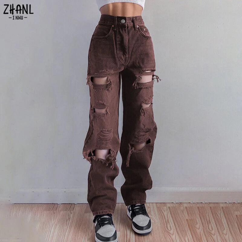 Ripped Vintage Woman'S Distressed Jeans  High Waist Pants Fashion Straight 