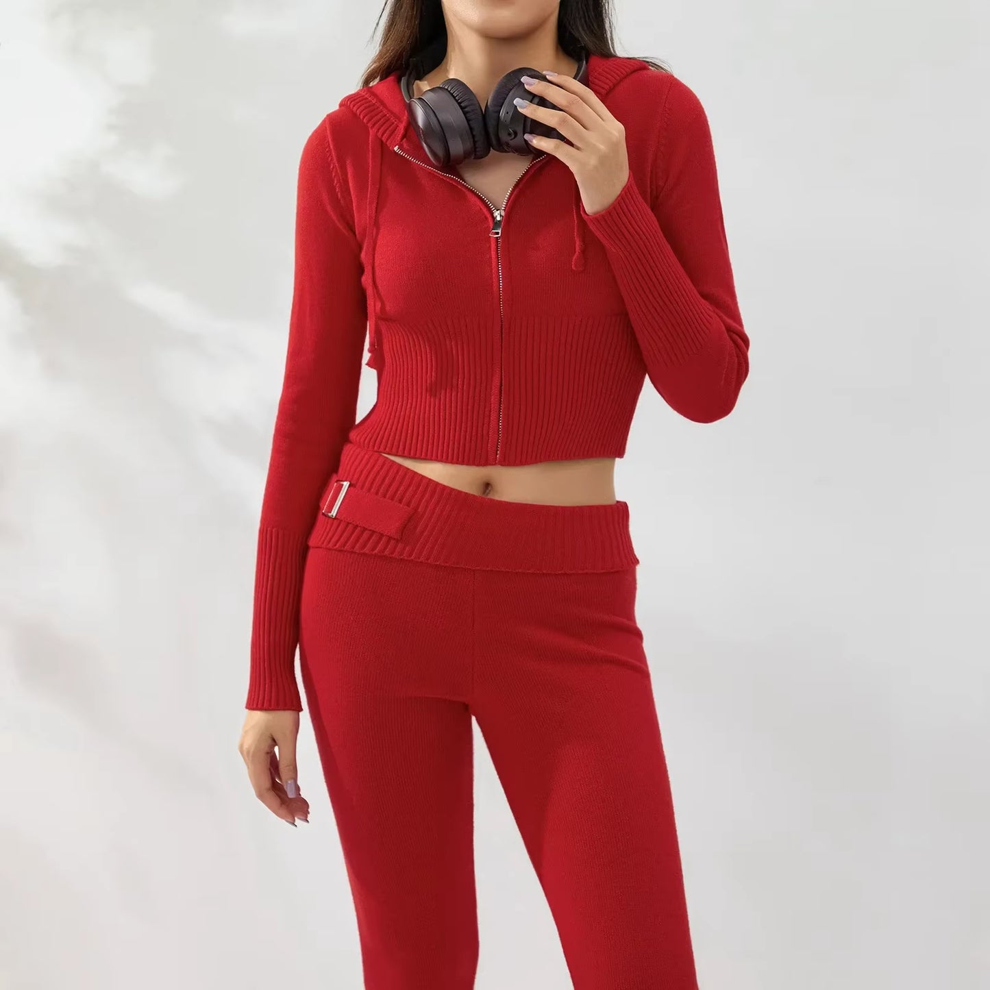 Women Cozy Ribbed Knit Lounge Set Wide Leg Pant 2 Piece Loungewear Ensemble Casual Set Long Sleeve Zip up Hoodie with High Waist