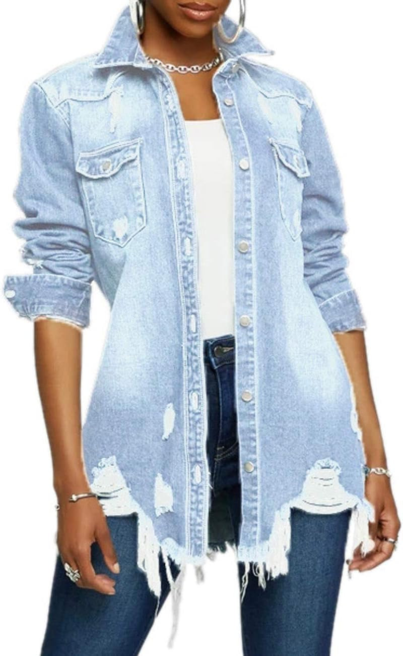 Women'S Casual Denim Jacket Long Sleeve Ripped Hole Classic Coats