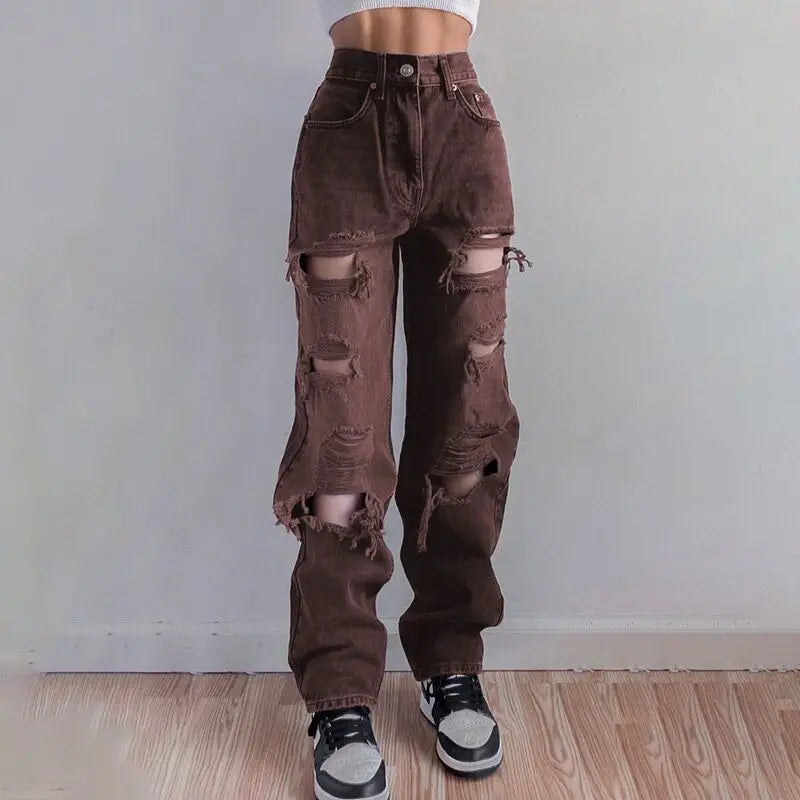 Ripped Vintage Woman'S Distressed Jeans  High Waist Pants Fashion Straight 