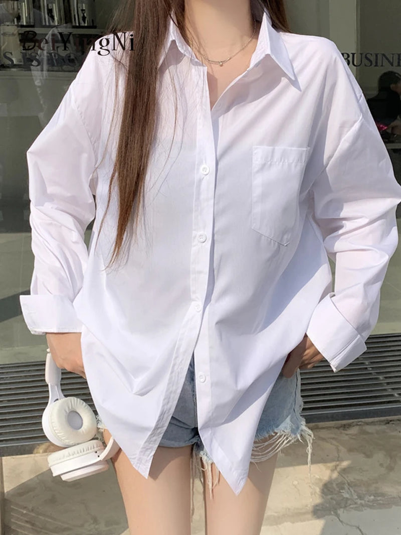  Women Shirts White Plain Loose Oversized Blouses Female Tops Loose BF Korean Style Blusas Pockets